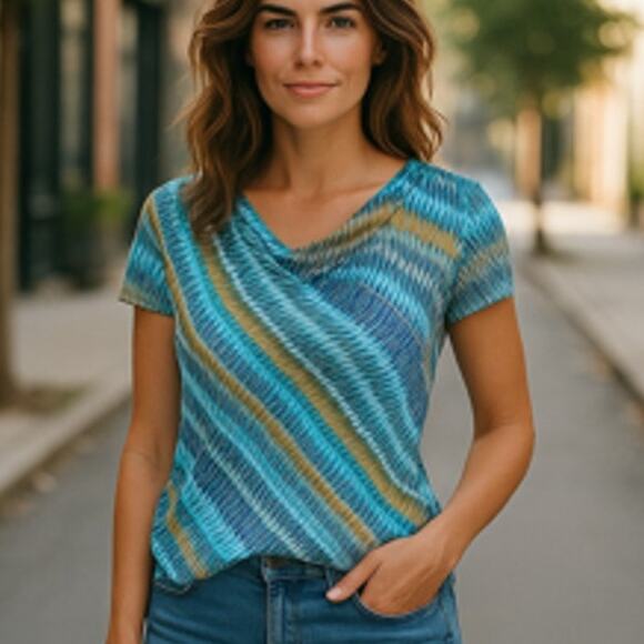 WORTHINGTON Ladies Sleeveless Cap Sleeves Sheer Blue Stripe Summer Blouse ~Large - Picture 1 of 6